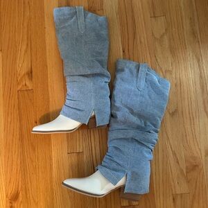Blue Slouchy Denim Boots with White Pointed Toe